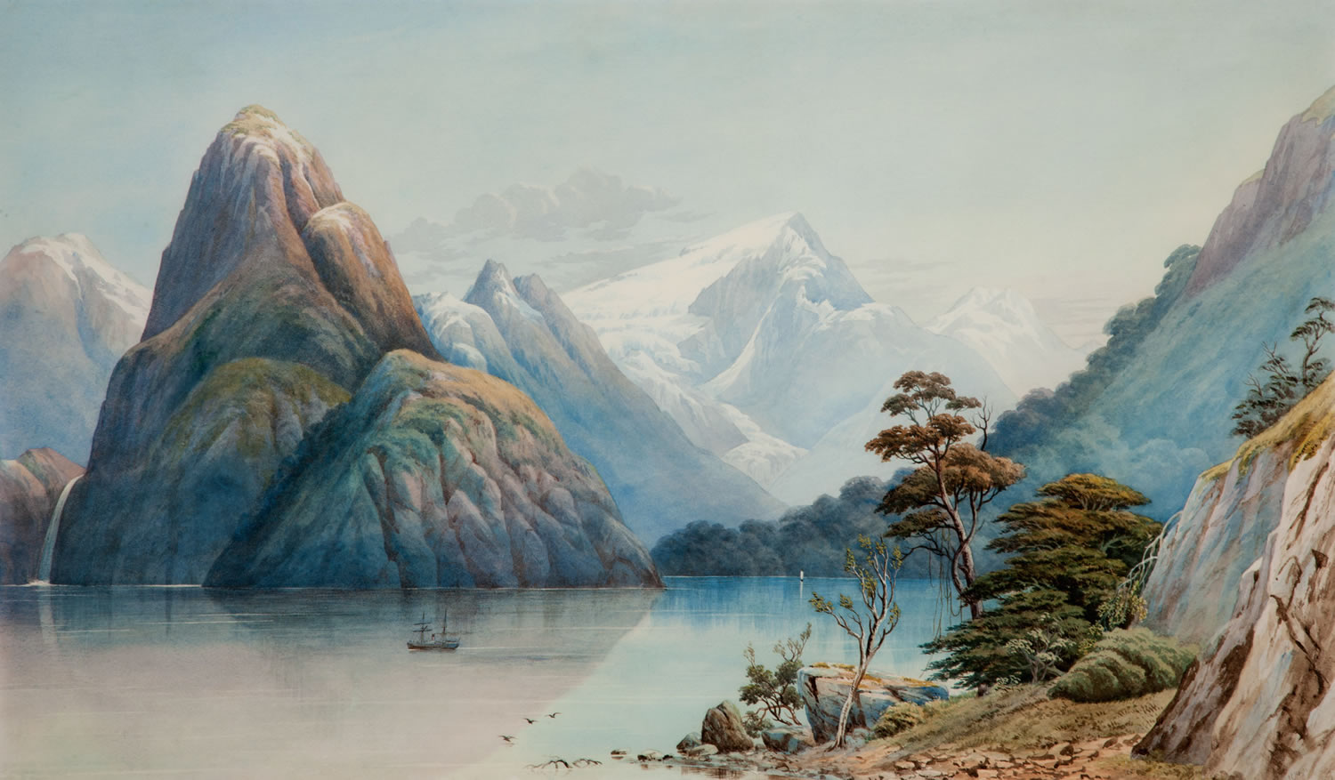 a body of water with a mountain in the background